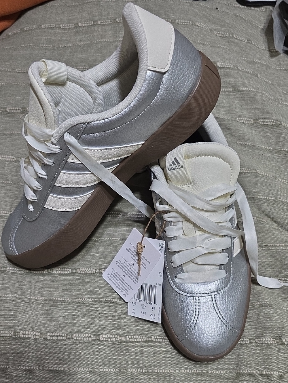 adidas Silver and White Sneakers with Brown Sole